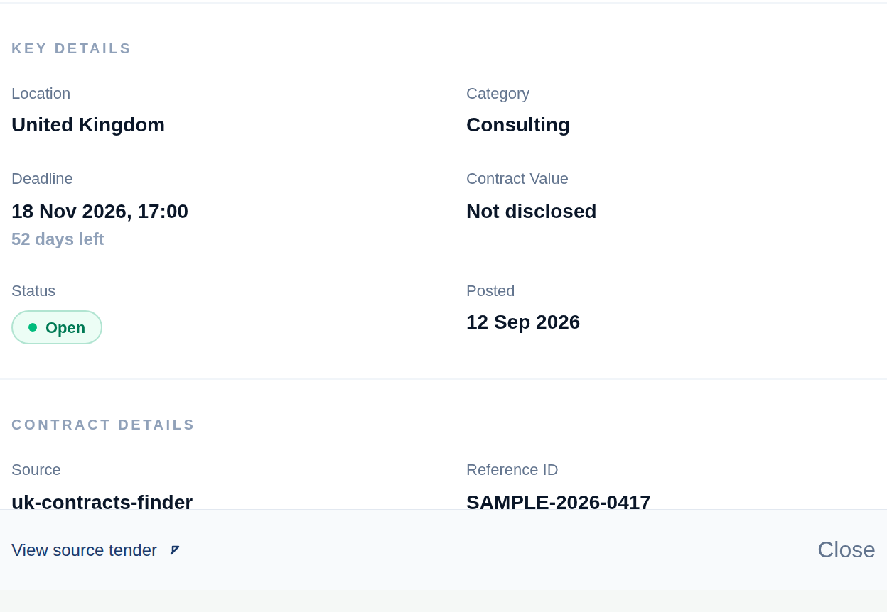 The notice detail panel, listing key details — location, category, deadline, contract value, status and posted date — and contract details including source, reference id, notice type and a link to view the source tender.